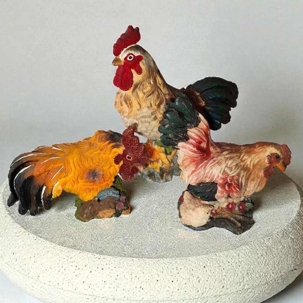 Set of 3 Hand Painted Resin Roosters Decorative Figurines